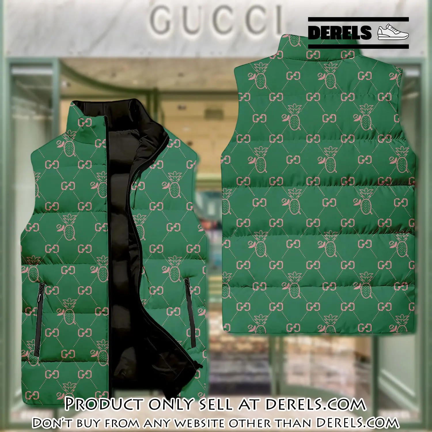 Gucci green pattern luxury brand 3d sleeveless down jacket dr3047931